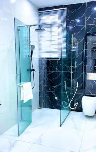 a bathroom with a glass shower and a toilet at Contemporary 4-Bedroom Villa with VR Room and Starlink Internet - Ifemide Estates in Akure