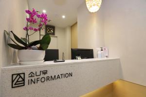 an office reception counter with a potted plant on it at Chuncheon Pine Tree Hotel in Chuncheon