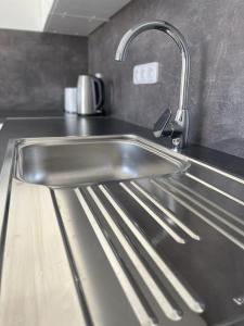 a stainless steel kitchen sink with a faucet at Mezonet Svítkov 21 in Pardubice