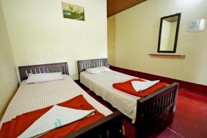 two twin beds in a room with a mirror at Leisure Homestay - Pool, Boating, Zipline, Home Food, Estate in Chikmagalūr +44 photos
