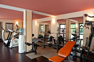 - une salle de sport avec plusieurs tapis de course et vélos d'exercice dans l'établissement Hostellerie Les Gorges De Pennafort, à Callas
