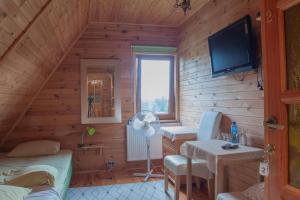 a log cabin with a living room with a tv at Chata w Mirowie in Mirów