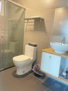 een badkamer met een toilet en een wastafel bij 薇琪小屋 in Hualien
