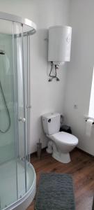 a bathroom with a toilet and a glass shower at Kawalerka blisko GÓR in Głuchołazy
