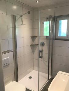 a bathroom with a shower and a toilet at Feriendorf Reichenbach - Dachspfad 5 in Nesselwang