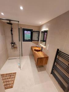 a bathroom with a shower and a wooden sink at La Réserve Taïno in Arjuzanx