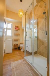 y baño con ducha de cristal y aseo. en Hebergement 10G490 en Sainte-Savine