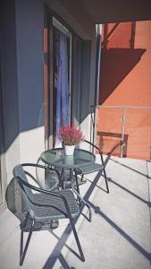 a glass table with two chairs and a potted plant at N&S Apartament na Lisiej in Zielona Góra
