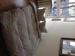 a towel hanging on a wall next to a window at A Cozy Central Studio in Druskininkai