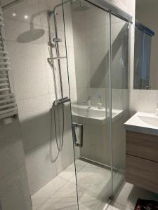 a bathroom with a glass shower and a sink at Apartament Gdański Słoneczny Nr 34 in Gdańsk