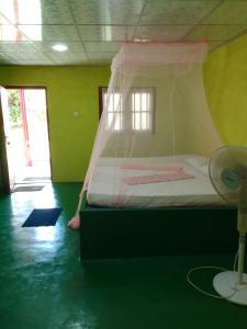 - une chambre avec un lit et une moustiquaire dans l'établissement Peacock Family Stay, à Tangalle