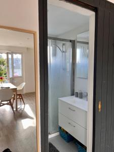uma casa de banho com um chuveiro, um lavatório e uma mesa em Residence Le Canal Strasbourg - Moderne avec Parking em Bischheim