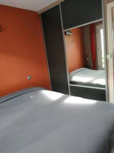 - une chambre avec 2 lits superposés et 2 miroirs dans l'établissement T2-42m2-Climatisation, lumière tamisée-garage, à Bourgoin-Jallieu
