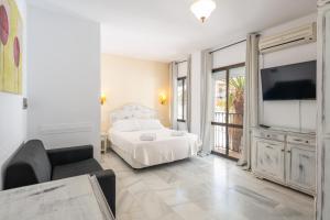 1 dormitorio con 1 cama, TV y sofá en Apartamentos Playamaro, en Maro