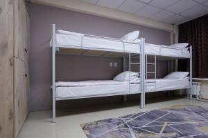 two bunk beds in a room with a carpet at Mouse House Hostel in Almaty