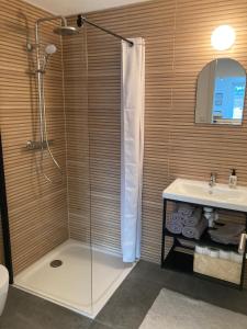 W łazience znajduje się prysznic i umywalka. w obiekcie Außergewöhnliches Apartment in bester Lage w mieście Biberach an der Riß