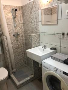 een badkamer met een douche, een wastafel en een wasmachine bij Apartment Ida in Piran