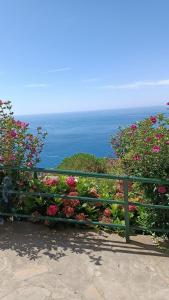 a bench with flowers and the ocean in the background at Ostello ninin de ma' in Framura
