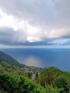 una vista sull'oceano da una collina con il cielo di Ostello ninin de ma' a Framura