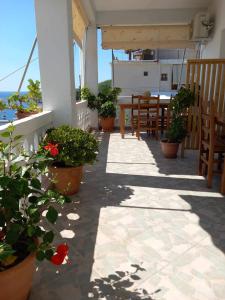 a patio with potted plants and a table and chairs at WHITE STUDIOS in Himare