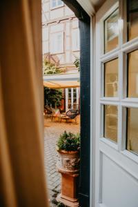 uma janela com vista para um pátio com um vaso de plantas em sleepArt hygge em Celle