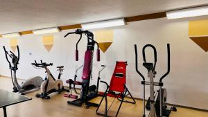 a gym with several exercise bikes in a room at Alpenjuwel in Scheidegg