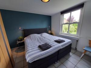 een slaapkamer met een bed met een blauwe muur bij 't Zyper Eilant 123 in Oudesluis