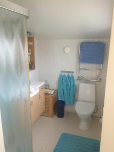 a bathroom with a toilet and a sink and blue towels at Havsnära stuga, Falkenberg in Falkenberg