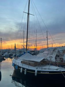 マルセイユにあるBATEAU Le BER'AMAR L'ESTAQUEの夕日のマリーナに停泊する船団