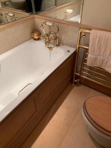 La salle de bains est pourvue d'une baignoire, de toilettes et d'un miroir. dans l'établissement Circus Mews Townhouse:2 Beds:2 En-suite Baths:Parking:City Centre:Quiet Area, à Bath 16 autres photos