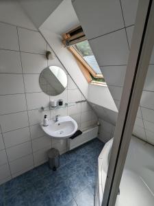 a bathroom with a sink and a mirror and a toilet at Rekreační dům KRKONOŠE - Ubytování - Holidayhome Lampertice in Lampertice