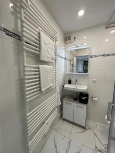 a white bathroom with a sink and a shower at Modernes Apartment mit 180° Bergblick in Buchenberg