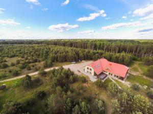 an aerial view of a house with a red roof at Bilso Sodyba in Vilkanastrai