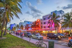 ruchliwa ulica miejska z samochodami, budynkami i palmami w obiekcie Hidden Gem Apt/near downtown Miami & Brickell w Miami