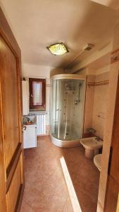 y baño con ducha, aseo y lavamanos. en Spicchio di Luna - Casa Vacanze, en Albiano