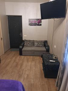 ein Wohnzimmer mit einem Sofa und einer schwarzen Tür in der Unterkunft Niki in Mzcheta