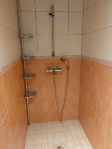 eine Dusche mit einem Schlauch im gefliesten Bad in der Unterkunft Lomasara in Kalajoki