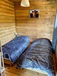 1 Schlafzimmer mit 2 Betten in einem Blockhaus in der Unterkunft Le Chalet in La Meilleraie-Tillay