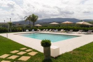 a swimming pool with chairs and umbrellas at Biancolivo Country House in Altavilla Silentina