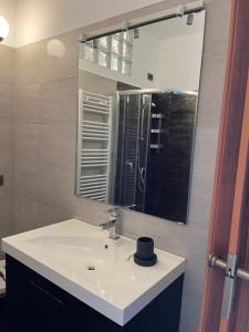 a bathroom with a sink and a mirror at Casa Giulietta Junior20 with private parking in Blevio