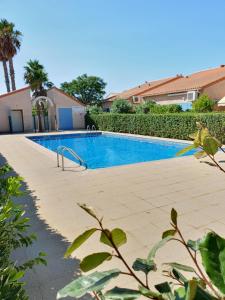 a swimming pool in a villa with palm trees at Aigue Marine. in Canet-en-Roussillon