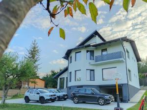 a white house with cars parked in front of it at Vila MOON in Bezdead