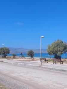 due panchine sul lato di una strada vicino all'acqua di Infinity Night Villa a Chania