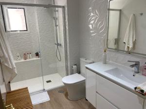 a bathroom with a shower and a toilet and a sink at Marian’s House in Fuengirola