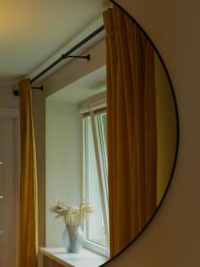 a mirror on a wall with a window and a plant at Showroom Central Apartment in Šiauliai