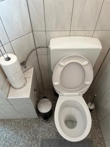 a bathroom with a toilet and a roll of toilet paper at Schöne Wohnung im Herzen von Köln Ehrenfeld in Cologne