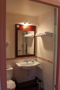 a bathroom with a sink and a toilet and a mirror at Au Feu de Bois in Amou