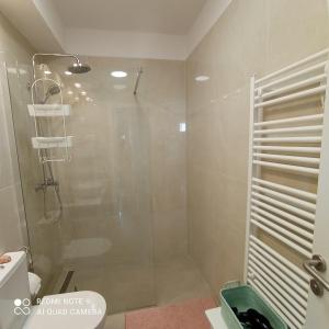 a shower with a glass door in a bathroom at Apartment MONAS I in Pješčana Uvala 