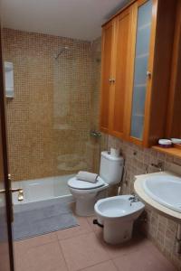 y baño con aseo, lavabo y ducha. en Brisas de Puerto Rico, en Puerto Rico de Gran Canaria