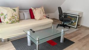 a living room with a couch and a glass table at FeWo Aachweg in Rielasingen-Worblingen